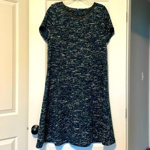 Talbots peacock blue tweed dress with vegan leather trimmed neckline